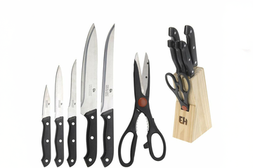 Afbeelding van Excellent Houseware Keukenmessenset – 7-delig met Standaard & Schaar | Zwart & Hout