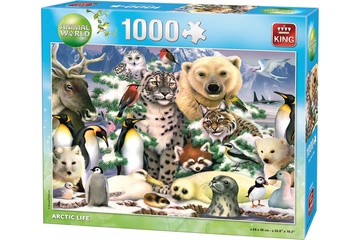 Afbeelding van De King Legpuzzel Arctic Life is een uitdagende legpuzzel bestaande uit 1000 stukjes, die een gedetailleerde collage van dieren uit het poolgebied toont.