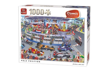 Afbeelding van De King Legpuzzel Comic Collection Racebaan - 1000 stukjes is een humoristische puzzel die zorgt voor veel plezier dankzij de racebaanscène vol grappige details.