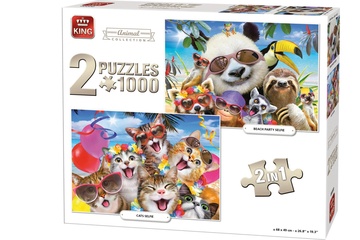 Afbeelding van Kleurrijke en vrolijke King legpuzzel ‘Animal Selfies Collection’ – een set van 2 uitdagende puzzels met in totaal 1000 stukjes, vol speelse en humoristische dierenselfies.