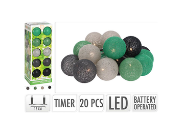 Afbeelding van Decoratieslinger met Verlichting – 20 LED Lampionnen van Katoen | Groen met Timerfunctie