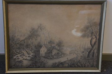 Afbeelding van Ingelijste antieke print van een heuvellandschap.'