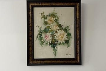 Afbeelding van Olieverf schilderij "Witte rozen" gesignaleerd Eric