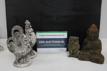 Afbeelding van Set Stenen Tuinbeelden met 2 Hanen & 1 Uil & 1 Boeddha