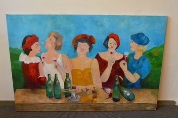 Afbeelding van Ingelijst olieverfschilderij van M. Breedijk:Toastende Dames