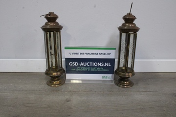 Afbeelding van Set van 2 Vintage Kaarslantaarns van Glas & Messing