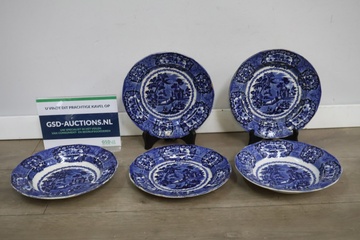 Afbeelding van Set van 5 Vintage Blauw/Witte Staffordshire Sierborden