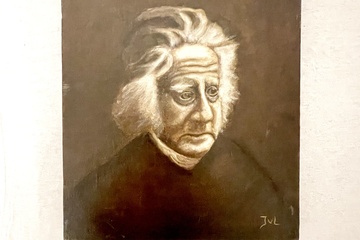 Afbeelding van Kleine olie verf schildrij portret van 'Sir John Herschel' geschilderd door J. van Lammeren