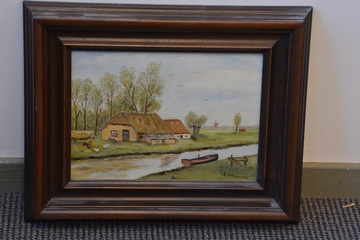 Afbeelding van Fraai naïef schilderij van K. Abrahams: Boerderij