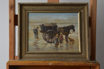 Afbeelding van Ingelijst olieverfschilderij van v Woerkom: Schelpenvissers