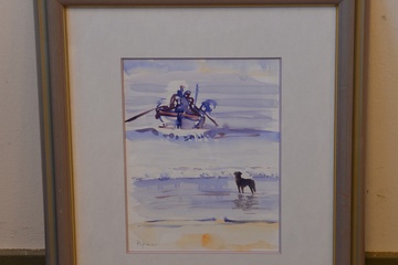 Afbeelding van Aquarel van R. Foso: Bootje en hond in de branding, '95'