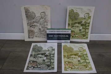 Afbeelding van Set van 4 Vintage Boeddhistische Lithografieën