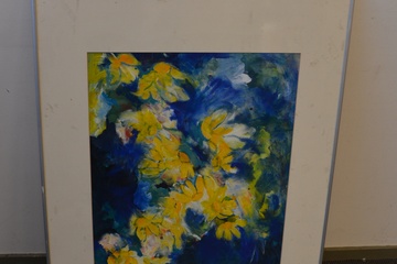 Afbeelding van Ingelijst schilderij met bloemen in geel groen en blauw.