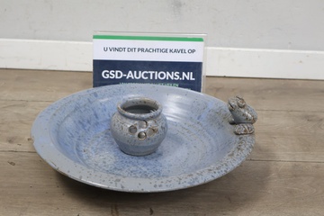 Afbeelding van Antiek Blauw Keramische Waterschaal/Vogelbadje