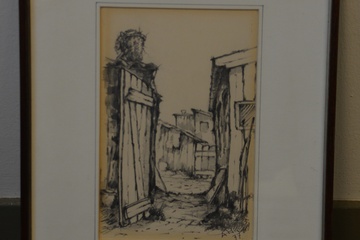 Afbeelding van Ingelijste inkt/houtskool/potloodtekening van A.H.: Doorkijk