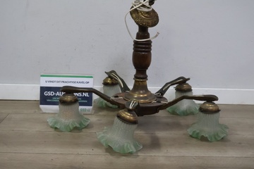 Afbeelding van Art Deco Messing Hanglamp met Groen-Glazen Kapjes