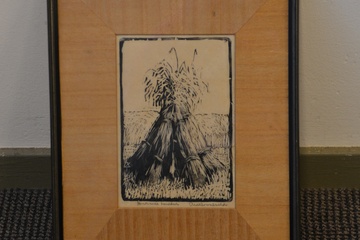 Afbeelding van Ingelijste houtsnede van Arie Zonneveld: Korenschoven. 1930.