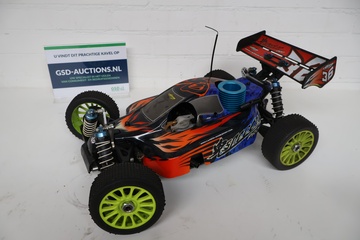 Afbeelding van RC buggy met oranje, blauw en zwarte carrosserie