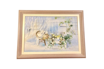 Afbeelding van Schilderij met bloemen en stoel geschilderd Tim Daly