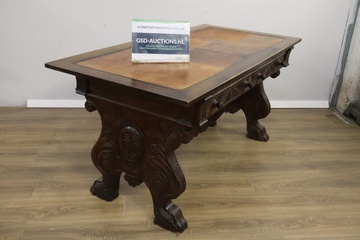 Afbeelding van Antiek Massiefhouten Schrijftafel - Met Lederen Inleg'