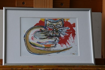 Afbeelding van Ingelijst schilderij van K. vd Gaast: 'Zittende kat'.