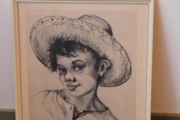 Afbeelding van Ingelijste prent van een kind met een hoed, V. Woldt'