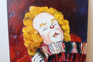 Afbeelding van Groot schilderij van N. vd Meyden: Clown met harmonica