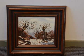 Afbeelding van Fraai naïef schilderij van K. Abrahams: Winterlandschap