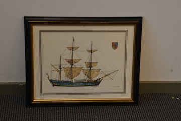 Afbeelding van Ingelijste kleurenlitho vd H.M.S. Bounty (1787-1789). v Muth