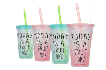 Afbeelding van 4 Stuks Drink cups today is a fruit day 2 groen 2 roze