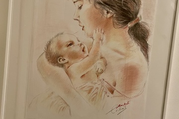 Afbeelding van Moeder met kind, mooie schilderij met acryl potlood op canvas papier