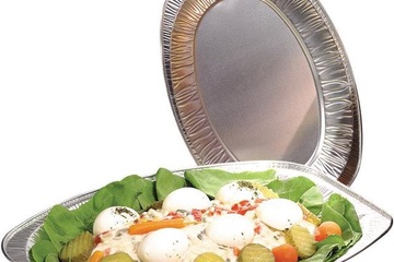 Afbeelding van 50 x serveerschaal aluminium wegwerp. 50 stuks in doos per 2 verpakt 34 cm lang en 24 cm breed