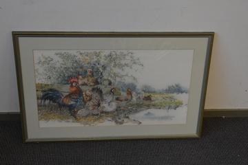 Afbeelding van Naaldkunst. Geborduurde haan en kippen.