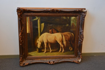 Afbeelding van Olieverfschilderij van 2 paarden in de stal.