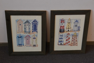 Afbeelding van Kavel v 2 aquarellen: Strandhuisjes en vuurtorens