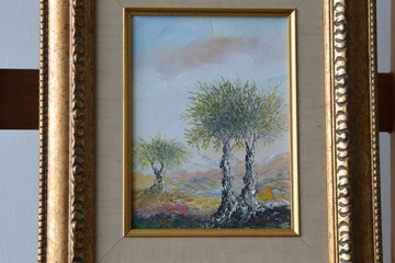 Afbeelding van Schilderij met bomen in berglandschap. O. Hayon.