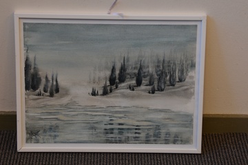 Afbeelding van Ingelijste aquarel van Noors landschap, met initialen en '09