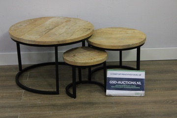 Afbeelding van 3-Delig Mangohouten Salontafelset met Zwart Onderstel