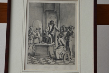 Afbeelding van Ingelijste prent met de titel 'De Rechtszaak' 15e eeuw