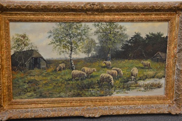 Afbeelding van Olieverfschilderij van J. Koch: Boerderij met schapen
