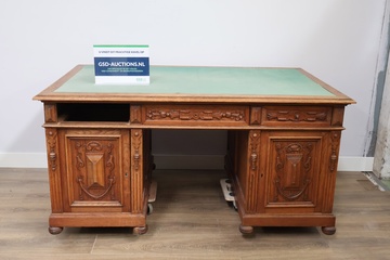 Afbeelding van Antiek Eikenhouten Bureau met Groen Inlegblad'