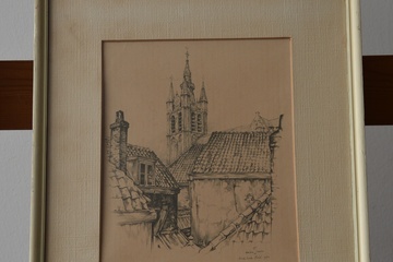 Afbeelding van Ingelijste prent van Anton Pieck: Oude Kerk Delft, 1954