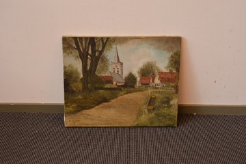Afbeelding van Olieverfschilderij v C. de Jong: 'Hollands dorp met kerk'.'