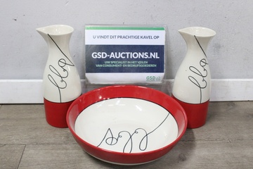 Afbeelding van Set van 2 Rood/Witte Vazen & 1 Schaal