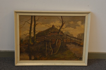Afbeelding van Olieverfschilderij van P. Bosman: Boshuis met bruggetje