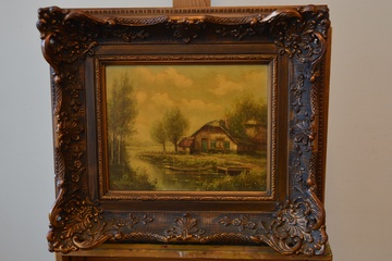 Afbeelding van Bijzonder! olieverfschilderij van H. Hokken: Boerderijtje