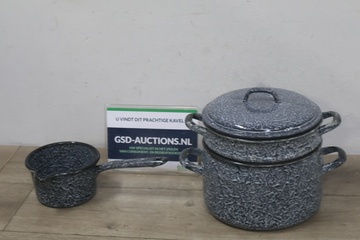 Afbeelding van Vintage emaille steelpan en stoompan
