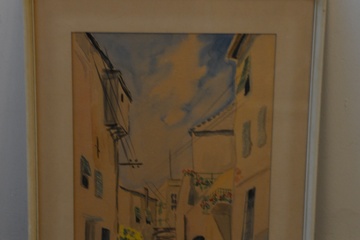 Afbeelding van Ingelijste aquarel: Mediterraan straatje, door B.B. 1959.