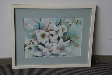 Afbeelding van Ingelijste aquarel met bloeiende magnolia takken. Door E.N.'