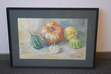 Afbeelding van Ingelijste aquarel van JH v Doorn: Pompoenen'''